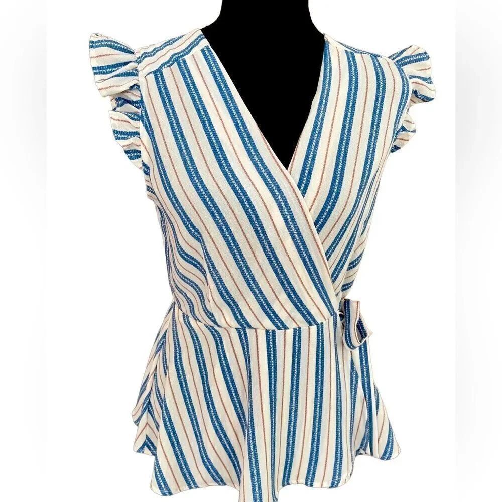MONTEAU striped faux wrap peplum top with flutter sleeve, size M